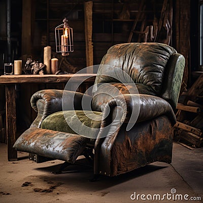 Vintage Leather Recliner: Rustic Charm In Flannel With Natural Grain Stock Photo