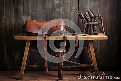 vintage leather saddle on wooden workbench Stock Photo