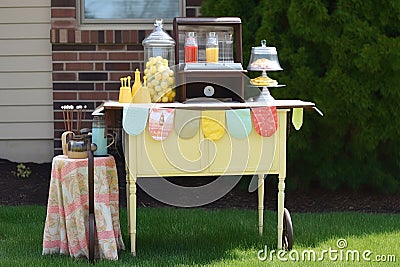 vintage lemonade stand with retro decor and old fashioned glasses Stock Photo