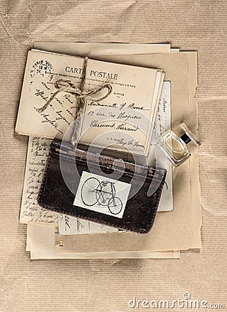 Vintage letters and antique french postcards Stock Photo