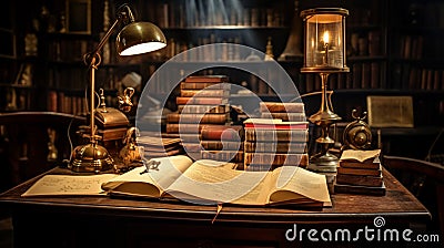 A vintage librarian's desk, adorned with a brass lamp and an open ledger. Stock Photo