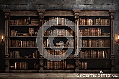 Vintage library bookcase and old books lined up on the shelves. Generative ai Stock Photo