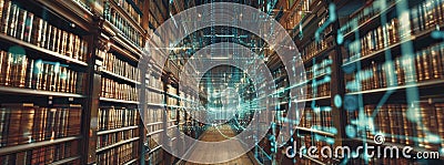 Vintage library with holographic books containing streams of data and algorithms generated by AI Stock Photo