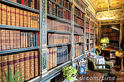 Vintage library and Interior of Warwick Castle - is a medieval castle, UK Editorial Stock Photo
