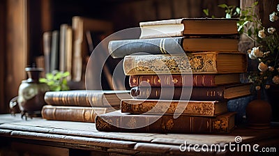 Vintage library, old books stacked on table Stock Photo