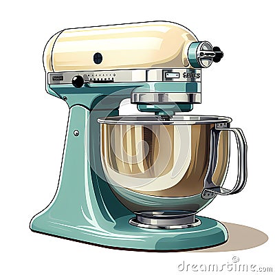 Vintage lighblue-cream white coloured kitchen robot mixer with a knob and a handle. Vector Illustration