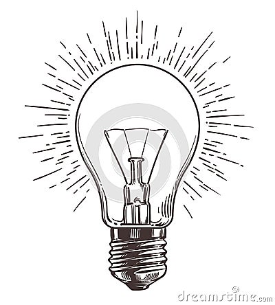 Vintage light bulb in engraving style. Hand drawn retro lightbulb with illumination for idea concept. Vector Vector Illustration