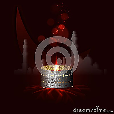 Vintage light candle on the moon and mosque red background. The Muslim holiday. Vector Illustration