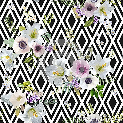 Vintage Lily and Anemone Flowers Geometric Background Vector Illustration