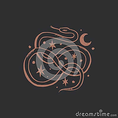 Vintage line art elegant knot snake. Witchcraft culture concept. Harmony and zen. Crescent moon magic symbols. Elegant Vector Illustration