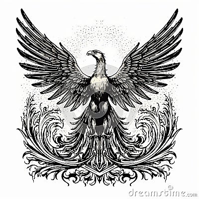 Vintage Line Engraving Of Phoenix On Ornate Background Stock Photo