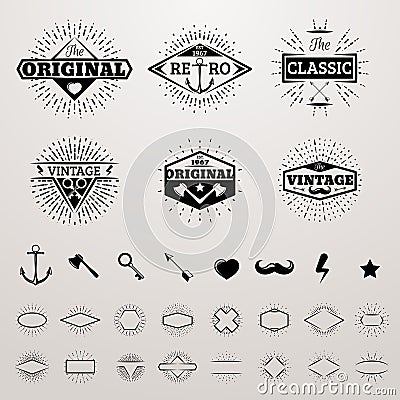 Vintage lines insignia set with star burst. Vector hipster printing bursting retro logo collection Vector Illustration