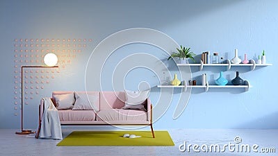 Vintage living room interior ,blue room and pink sofa .3d render Stock Photo