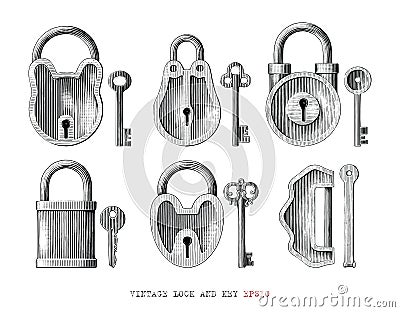 Vintage lock and key collection hand draw engraving style black and white clipart isolated on white background Vector Illustration