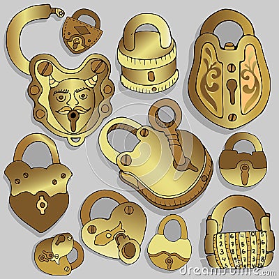 Vintage Locks. Open and closed padlock. Secret or mystery Vector Illustration