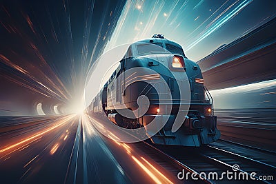 a vintage locomotive, its powerful presence surging into the futuristic realm of the superhighway Stock Photo