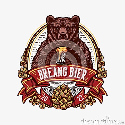 Vintage logo emblem bear holding glass of beer with ornament Stock Photo