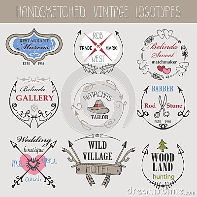 Vintage logotype set.Doodle hand sketchy Vector Illustration