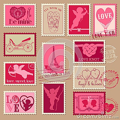 Vintage Love Valentine Stamps Vector Illustration