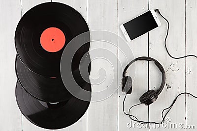 Vintage LP, smartphone and headphones Stock Photo