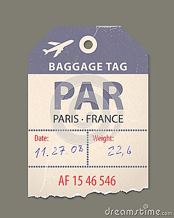 Vintage luggage tag, vintage retro travel Paris france, country label. Vector Illustration