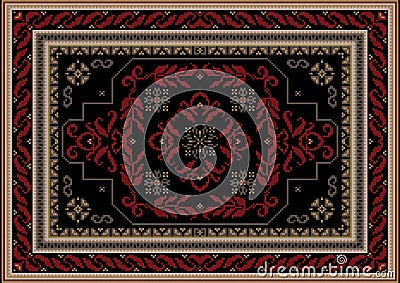 Luxury carpet with a central burgundy ornament of curved branches with leaves on a black field and beige and gray borders Vector Illustration