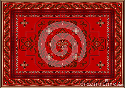 Luxury carpet in red and dark brown shades with a central dark brown ornament of curved branches with leaves Vector Illustration