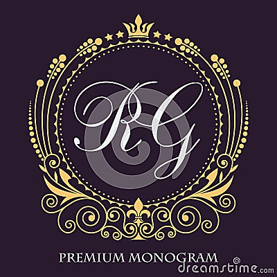 Vector art. The original monogram. Golden decorative frame. Elegant lines of calligraphic ornament. Heraldic symbols. Vector Illustration