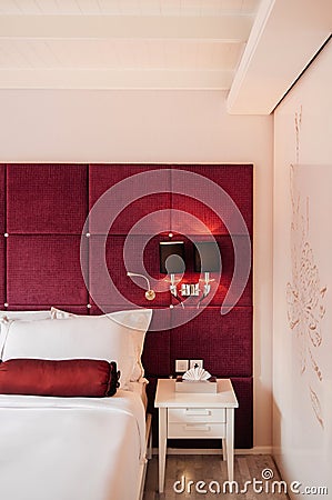 Vintage luxury interior hotel room, bed and well design lamp Editorial Stock Photo