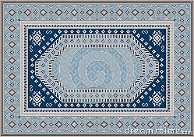 Luxury oriental carpet in bluish tones with patterns of navy blue, beige and yellow color Vector Illustration
