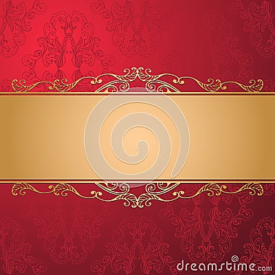 Vintage luxury vector background. Golden decorated ribbon on red seamless damask pattern. Vector Illustration