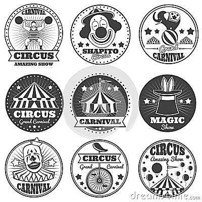 Vintage magic circus labels. Holiday show carnival vector badges and logos Vector Illustration