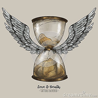 Vintage hourglass with angel wings on beige Stock Photo