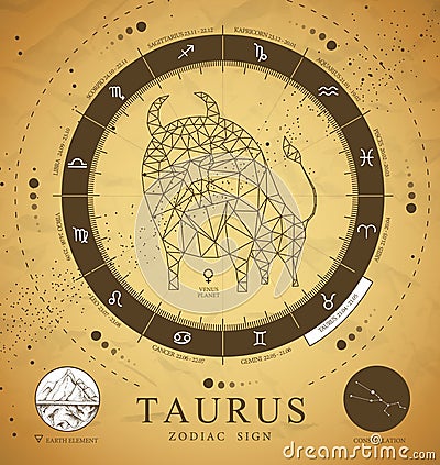 Vintage magic witchcraft card with astrology Taurus zodiac sign. Polygonal bull illustration. Vector Illustration