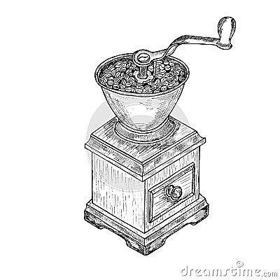 Vintage Manual coffee grinder hand drawing ,sketch Stock Photo