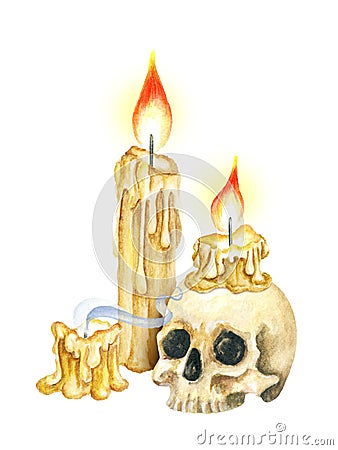 Vintage Manuscript Scroll, Burning Candles and Skull. Watercolor illustration Stock Photo