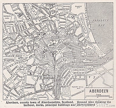 Vintage map of Aberdeen, Scotland. Editorial Stock Photo