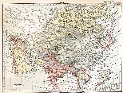 A vintage map of Asia in color from a vintage book Encyclopaedia Britannica by A. and C. Black, vol. 2, of 1875. Stock Photo