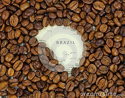 Vintage map of Brazil covered by a background of roasted coffee beans Stock Photo