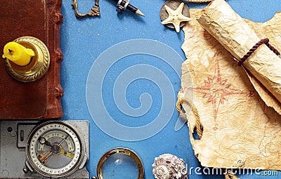 Vintage map, compass, magnifier Stock Photo