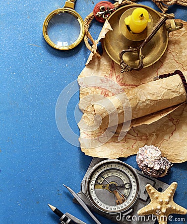 Vintage map, compass, magnifier Stock Photo