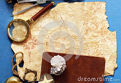 Vintage map, compass, magnifier Stock Photo