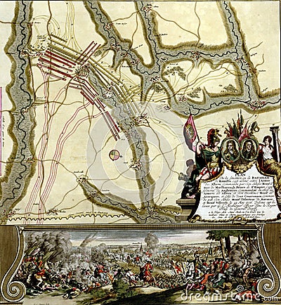Vintage map of an eighteenth century city with human figures and a picture of war Stock Photo