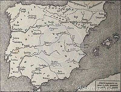 Vintage Map of Hispania at Roman domination, Spain Editorial Stock Photo