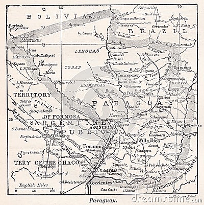 Vintage map of Paraguay 1900s Editorial Stock Photo
