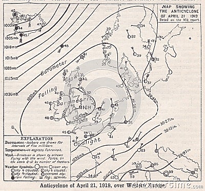 Vintage map showing the Anticyclone of April 21, 1919 over Western Europe Editorial Stock Photo