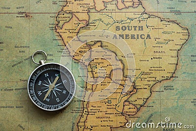 Vintage map south america and compas, close-up Stock Photo