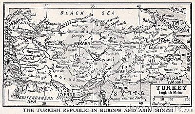 Vintage map of The Turkish Republic in Europe and Asia Minor. Editorial Stock Photo