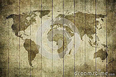 Vintage map of the world over wooden background Stock Photo