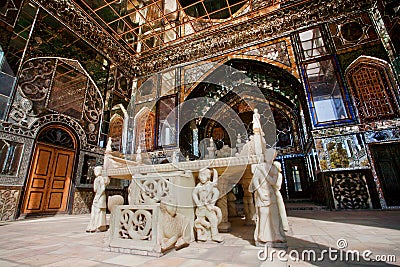 Vintage Marble Throne built in 1806 for Qajar dinasty kings, in historical terrace with mirrors and oriental ornaments Editorial Stock Photo